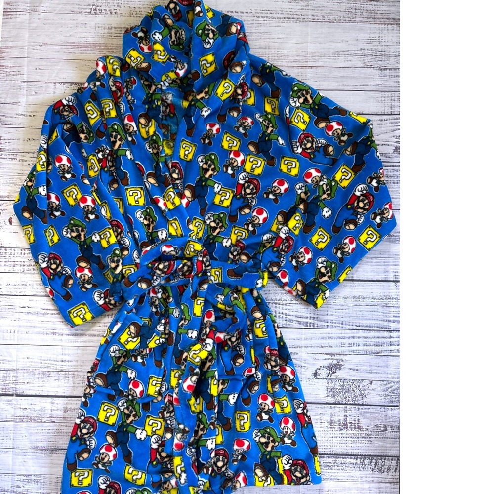 Super Mario Robe Men S/M Blue Luigi Toad Question Block Fleece Hooded Tie Waist